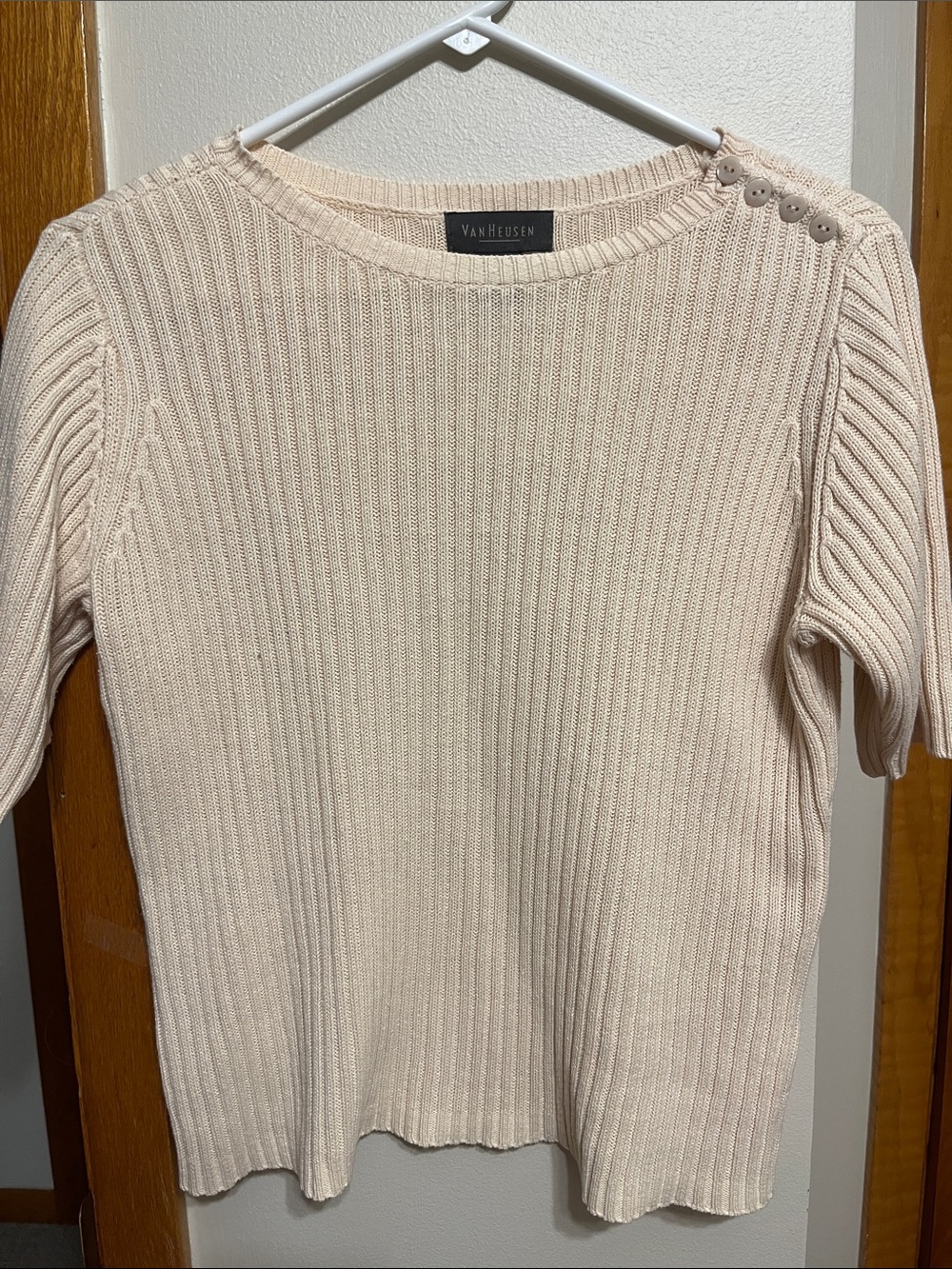 Van Heusen Light Cream Ribbed Short Sleeve sweater with Shoulder Buttons